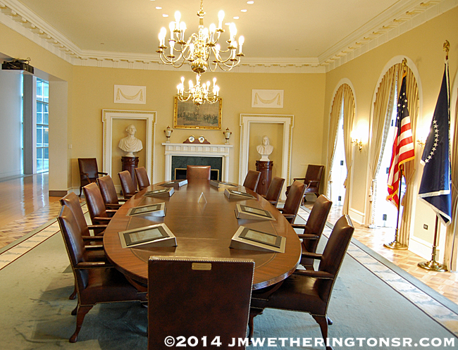 This is a replica of the Cabinet Room exactly as it appeared during the Clinton Administration. I was the only one in our tour group who knew where the President sits during Cabinet meetings. Do you know?