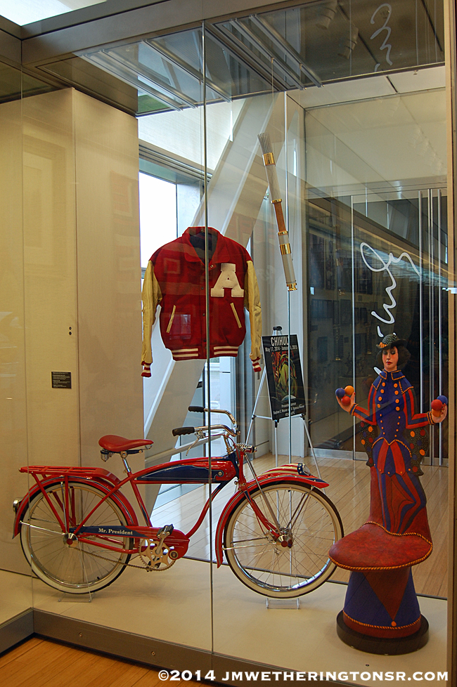 Interesting story about this exhibit. Until about a year ago the bike and jacket in this display were the bike and jacket that Lance Armstrong rode and wore in several Tour de France wins. Those were replaced with this bike which is typical of the bikes in the era that Bill Clinton grew up in and a jacket from his school.