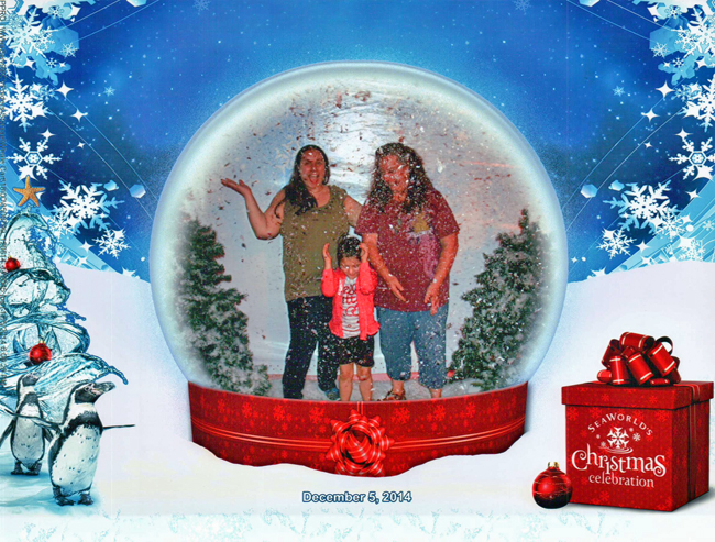 Cindy, Amber and Abby caught in a giant snow globe at Sea World Orlando