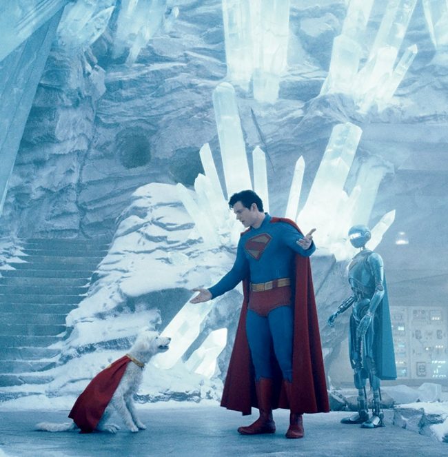 Superman, Krypto and robot in Fortress of Solitude.