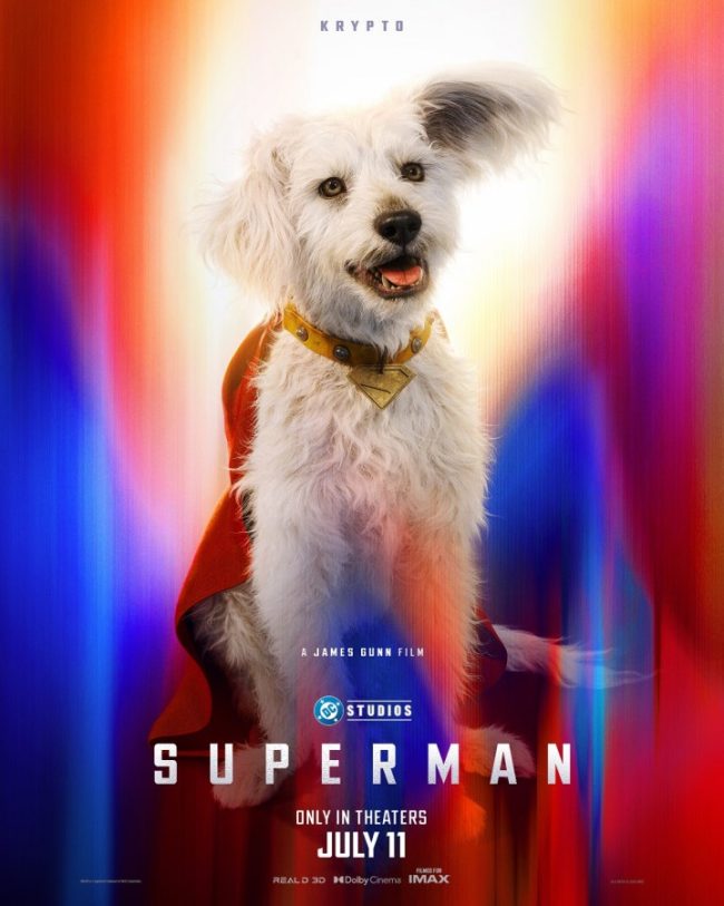 Superman 2025 movie poster featuring Krypto, the Superdog.