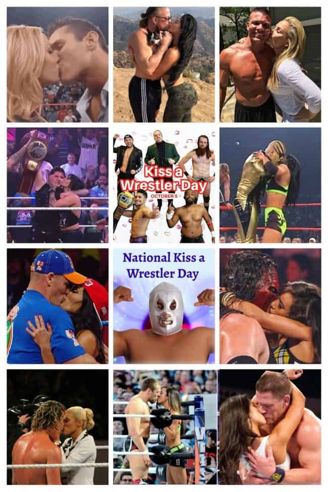 National Kiss A Wrestler Day collage of wrestlers being kissed.
