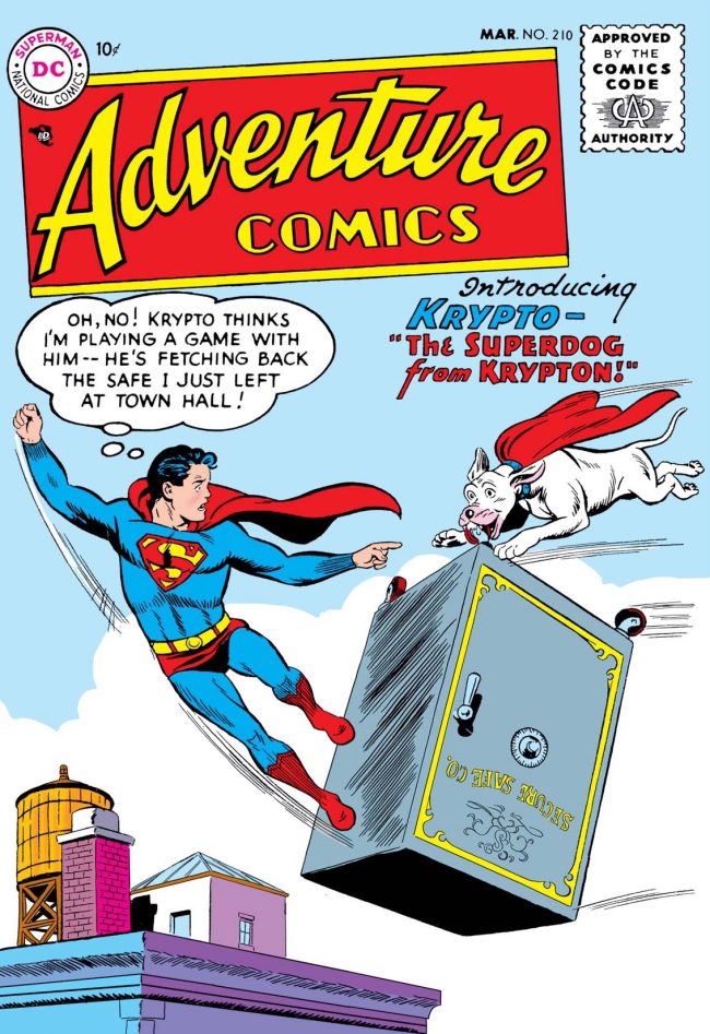 Cover of Adventure Comics #210 and first appearance of Krypto